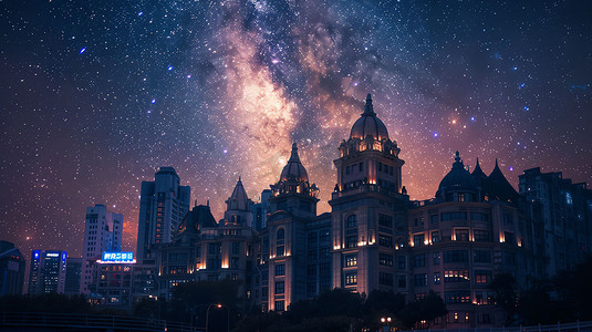城市夜晚星空高楼摄影照片