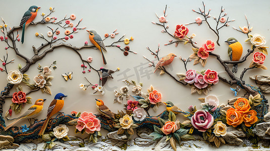 小鸟花朵枝条雕塑摄影照片
