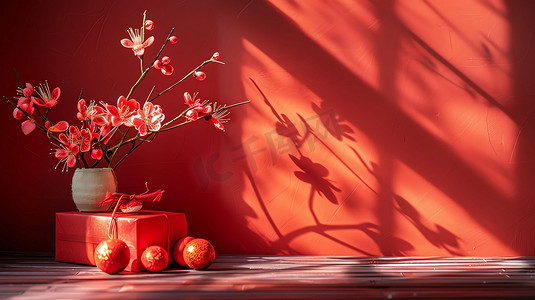 红色花瓶礼盒装饰摄影照片