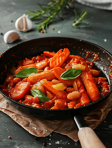 胡萝卜、大蒜和豆子配上番茄酱放在锅里煮熟然后关闭视图