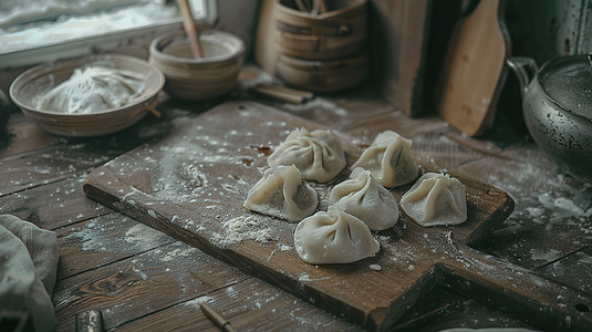 厨房做饺子摄影照片_厨房板子上的饺子高清图片