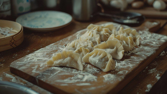 厨房做饺子摄影照片_厨房板子上的饺子摄影图