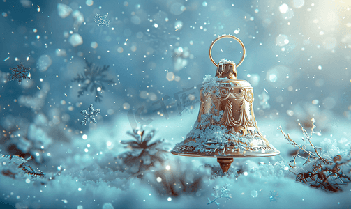 粉红色雪花摄影照片_抽象背景和雪花上的响铃和圣诞装饰