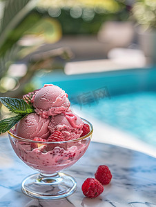 池边摄影照片_泳池边树莓冰淇淋甜点摄影配图
