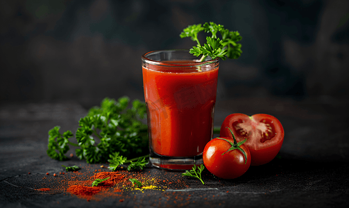深色背景玻璃杯中的新鲜番茄汁蔬菜减肥饮料与欧芹
