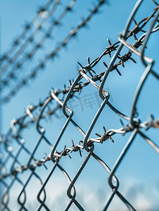 安全栏杆摄影照片_围栏上的铁丝网工业区围栏防盗