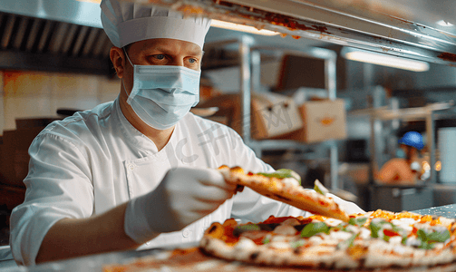 消防手套摄影照片_戴着冠状病毒防护面罩的厨师正在准备披萨