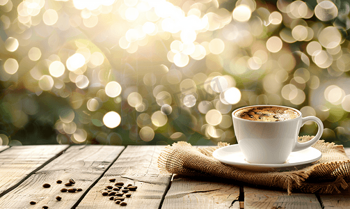 山和阳光摄影照片_木桌上和散景背景上的白杯浓缩咖啡