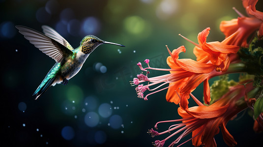 一张蜂鸟在花朵采蜜照片