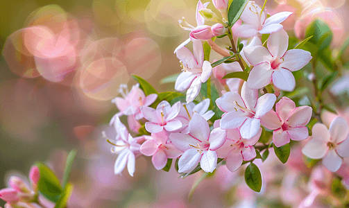 大花摄影照片_柔和的背景下六道木灌木娇嫩的粉红色花朵