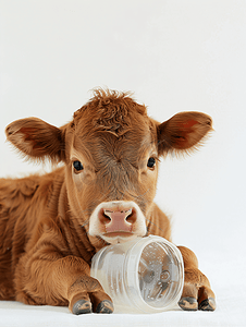 白色背景的婴儿瓶和牛