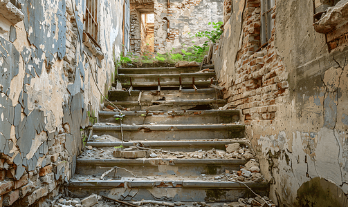 台阶被毁楼梯被掏空旧建筑房屋外墙摇摇欲坠