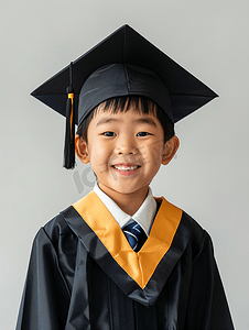 年轻毕业摄影照片_快乐的亚洲小学生在毕业帽中毕业