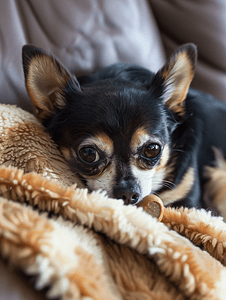 狗吃骨头摄影照片_一只吉娃娃狗在皮沙发上啃骨头狗吃东西