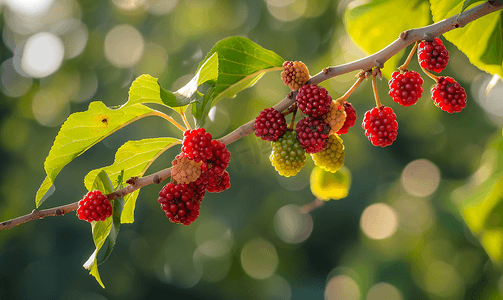 新水果摄影照片_树枝上的新鲜红桑果