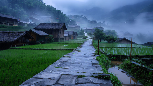 烟雨村庄古代建筑摄影照片