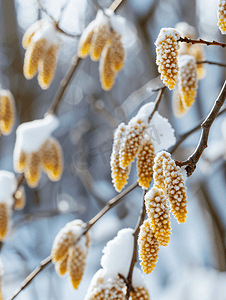 阿尔德树的柔荑花序在白雪皑皑的森林里关闭