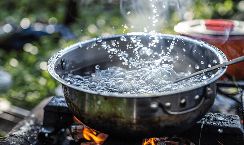喷射器摄影照片_燃烧器上的水沸腾在燃气喷射器上户外烹饪食物