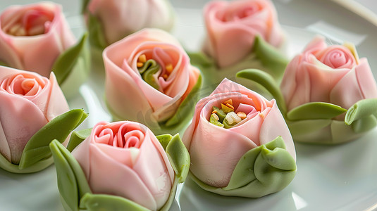 精致粉色摄影照片_精致的粉色花朵甜品摄影配图
