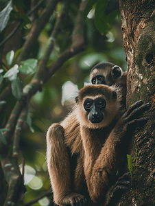 长臂猿和幼崽在树上