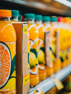 水果货架摄影照片_超市货架上盒装果汁饮料产品抽象模糊背景