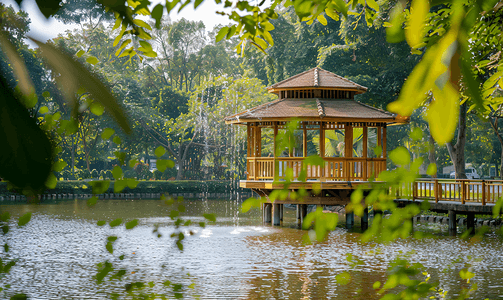 公园池塘上的木制凉亭从前面