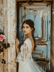 漂亮新娘摄影照片_新娘站在老门前