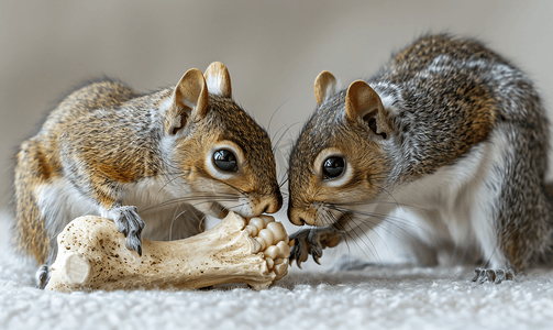 松鼠潮礼专场摄影照片_一只东部灰松鼠正在咀嚼一只小型哺乳动物的颌骨