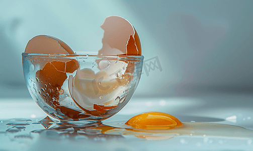 剪鸡蛋摄影照片_玻璃碗中破裂的鸡蛋和空壳