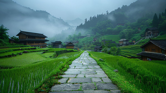 徽派石板路摄影照片_野外房屋石板路雾气摄影照片