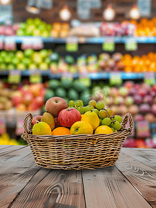 超市购物篮摄影照片_杂货店超市木桌上放着水果的购物篮模糊背景
