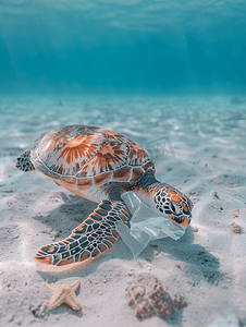 海龟吃塑料袋海洋污染概念