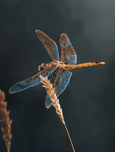 蜻蜓背景摄影照片_黑暗背景下蜻蜓栖息在干草叶上的特写