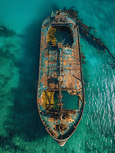 一艘搁浅并倾覆的旧油轮的俯视图