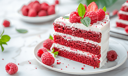 蛋糕红色摄影照片_奶油和覆盆子味的红色蛋糕