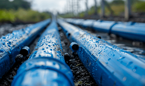 光纤摄影照片_蓝色水管工业管道位于地面上燃气管道铺设细节