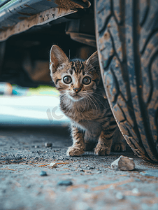 小猫在车下宠物躲藏起来猫爬到运输工具下丢失的动物