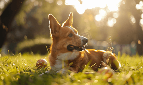 柯基犬摄影照片_威尔士柯基犬在草坪上享受他的玩具