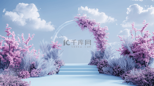 蓝618背景图片_618柔和蓝粉色直播间花朵拱门展台背景图