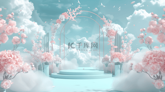 双11美食直播间背景图片_618柔和蓝粉色直播间花朵拱门展台设计