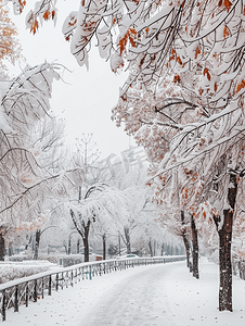 城市公园树木上的第一场雪的照片