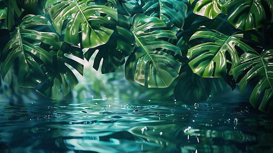 半球水上漂流摄影照片_水上的热带树叶背景高清图片
