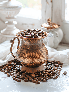 烘焙咖啡豆和铜锅