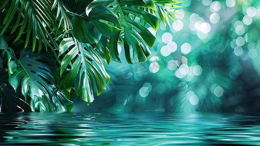 水上的热带树叶背景图片