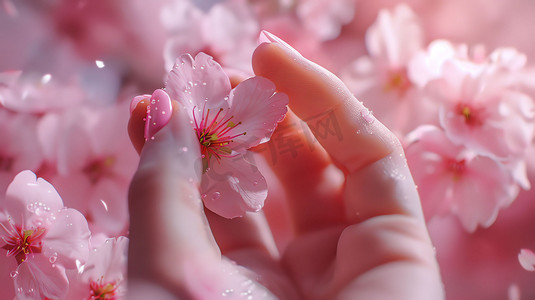 粉色手掌美甲桃花摄影照片