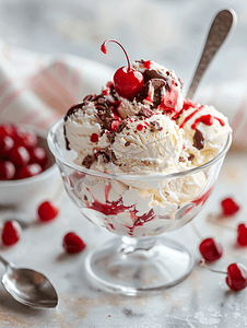 美味的冰淇淋摄影照片_玻璃碗中盛有樱桃和鲜奶油的冰淇淋圣代勺