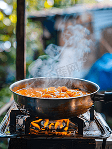 汤摄影照片_汤在炉子上沸腾在燃气喷射器上烹饪户外食物
