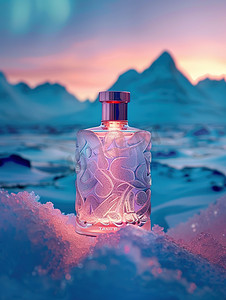 高清雪地摄影照片_雪地和北极光一瓶护肤品高清图片