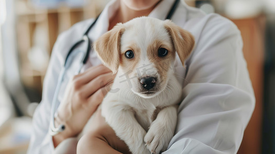 兽医抱着可爱小狗摄影照片