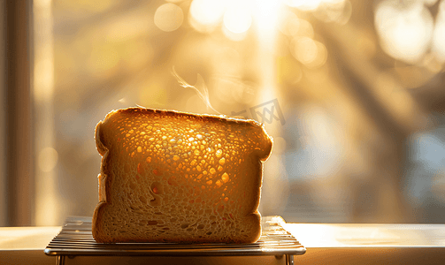 面包蛋糕烘培店摄影照片_将一片新鲜面包放在热金属烤面包机上